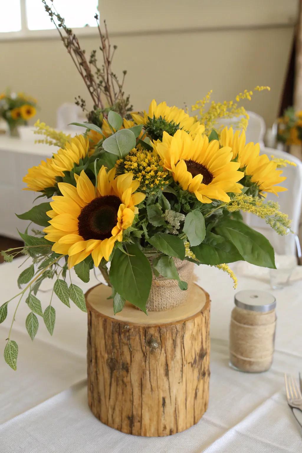 Rustic sunflower centerpiece with wooden and burlap accents.