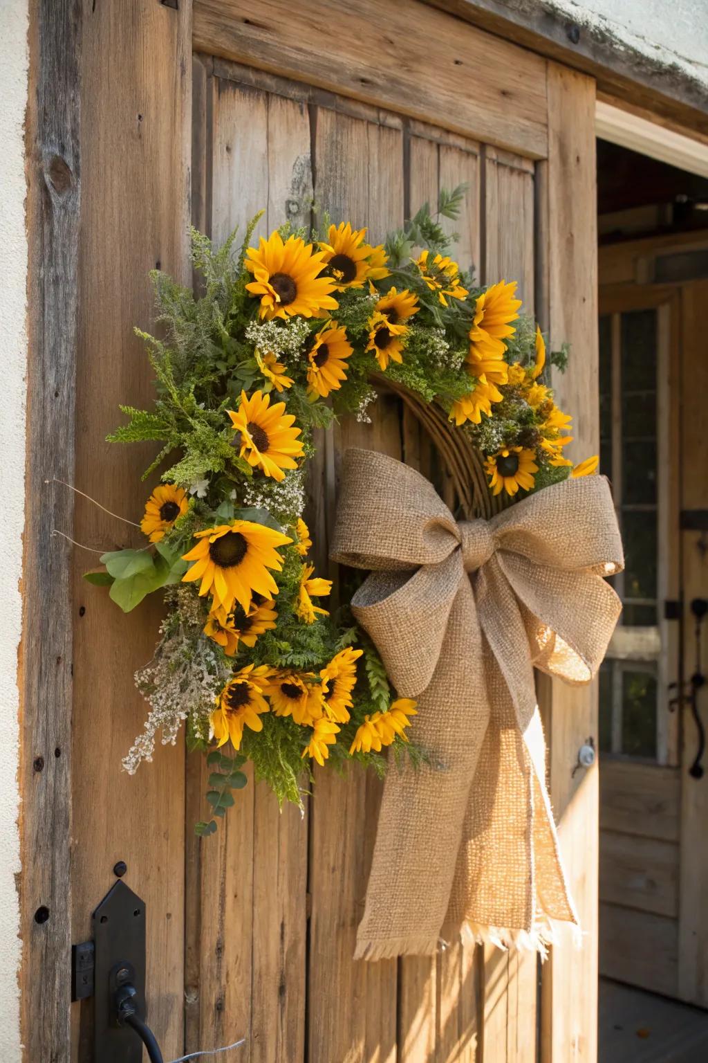 Farmhouse grace blends beautifully with sunflowers and burlap.