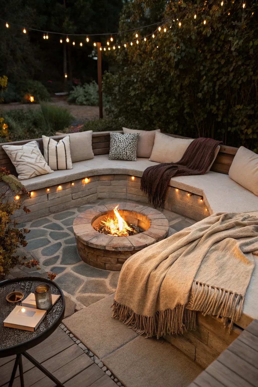 A cozy and inviting sunken fire pit recess.