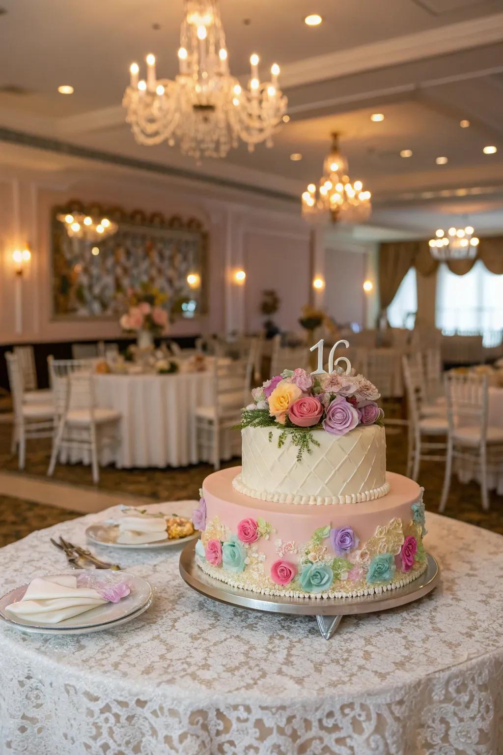 A cake in soft hues, casting a dreamy ambiance over the event.