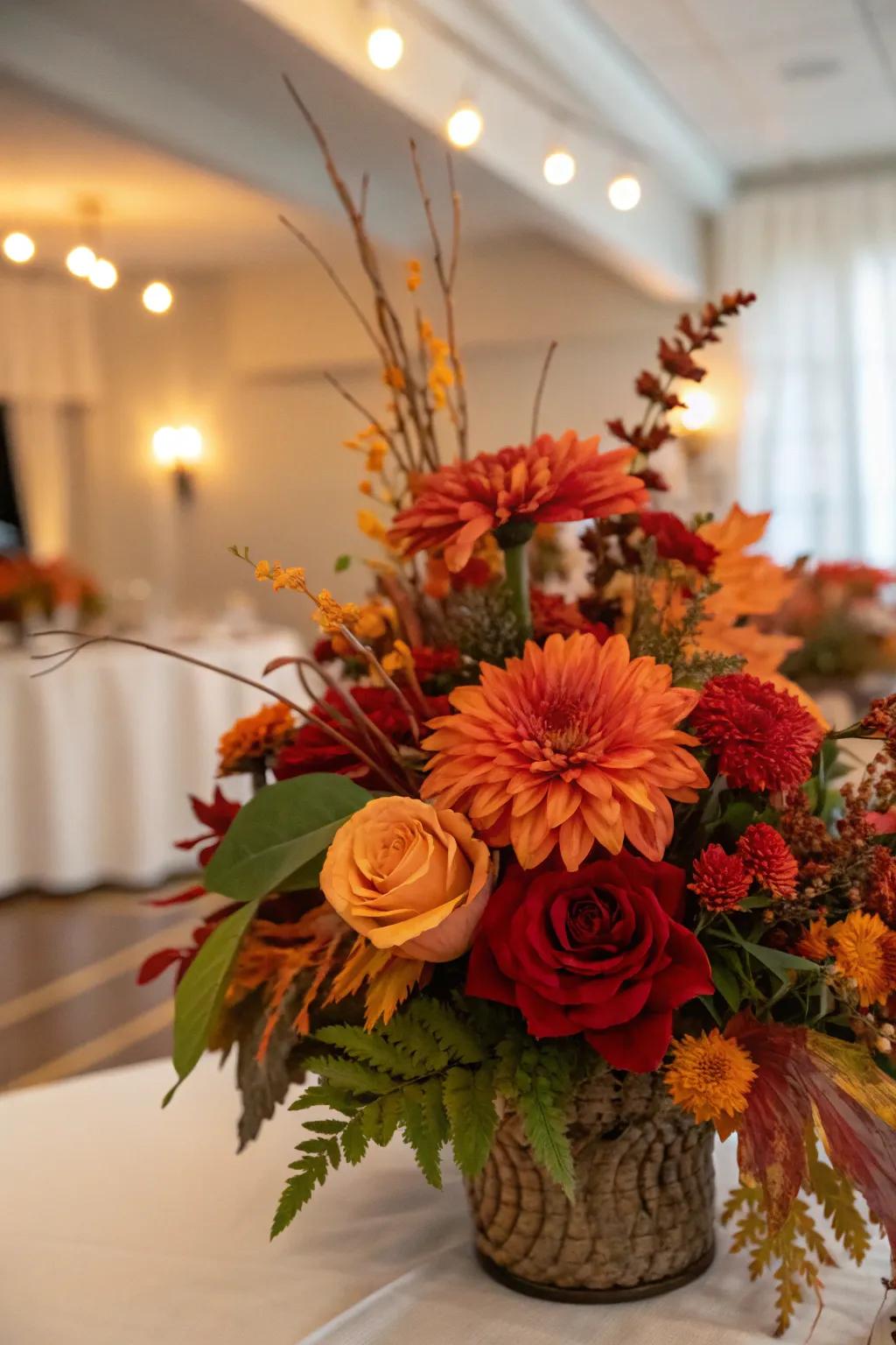 A seasonal floral centerpiece capturing the comforting tones of fall.