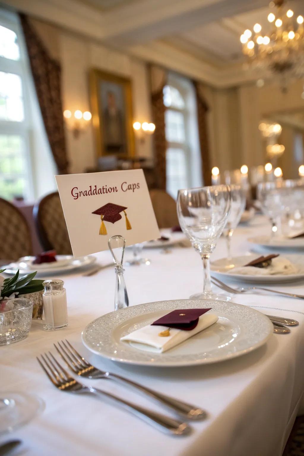 Customized seating arrangements featuring miniature graduation caps make guests feel particularly special.