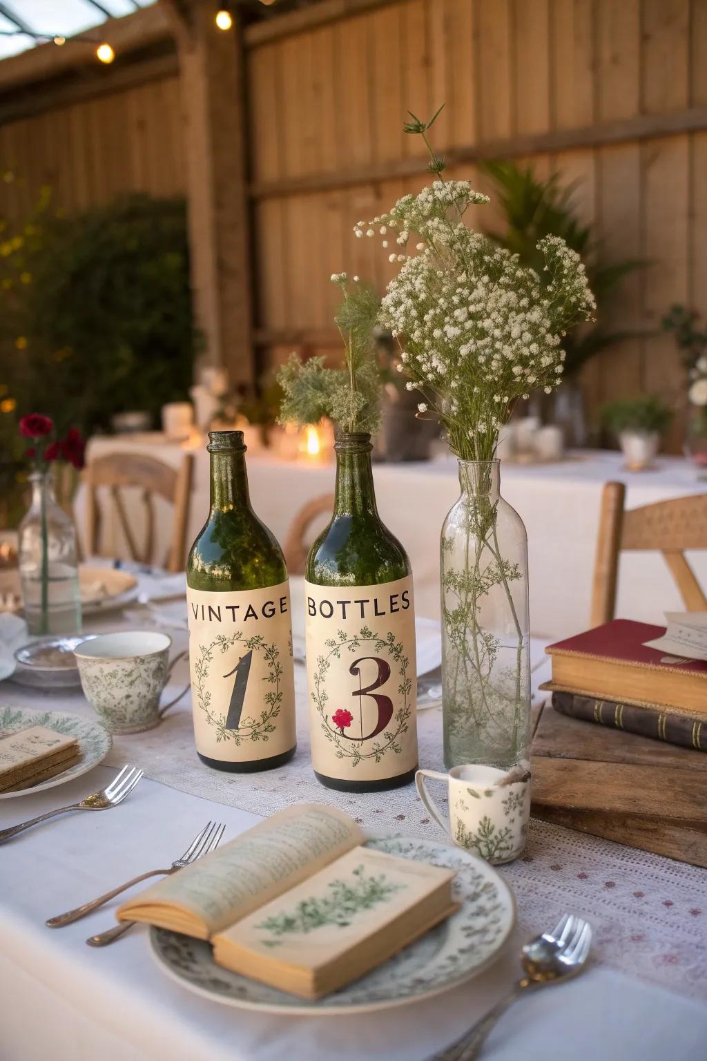 Upcycled glass bottles introduce a playful twist to your event's décor.