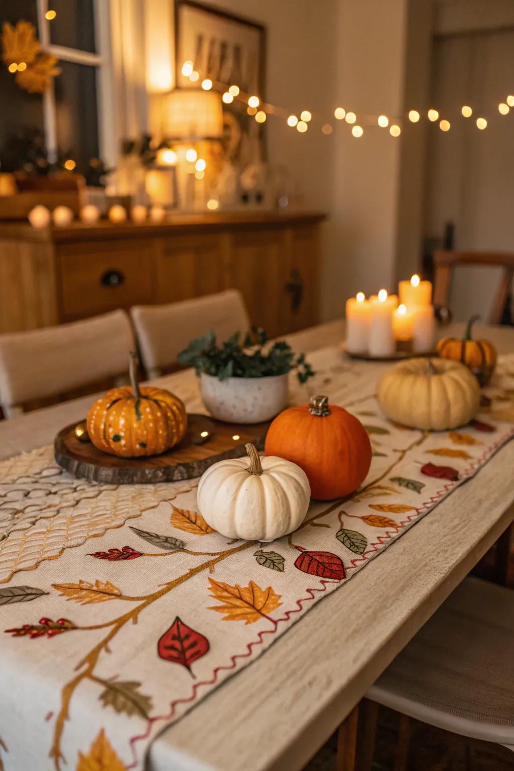A seasonal table runner decorated with gourds for a festive fall dinner.