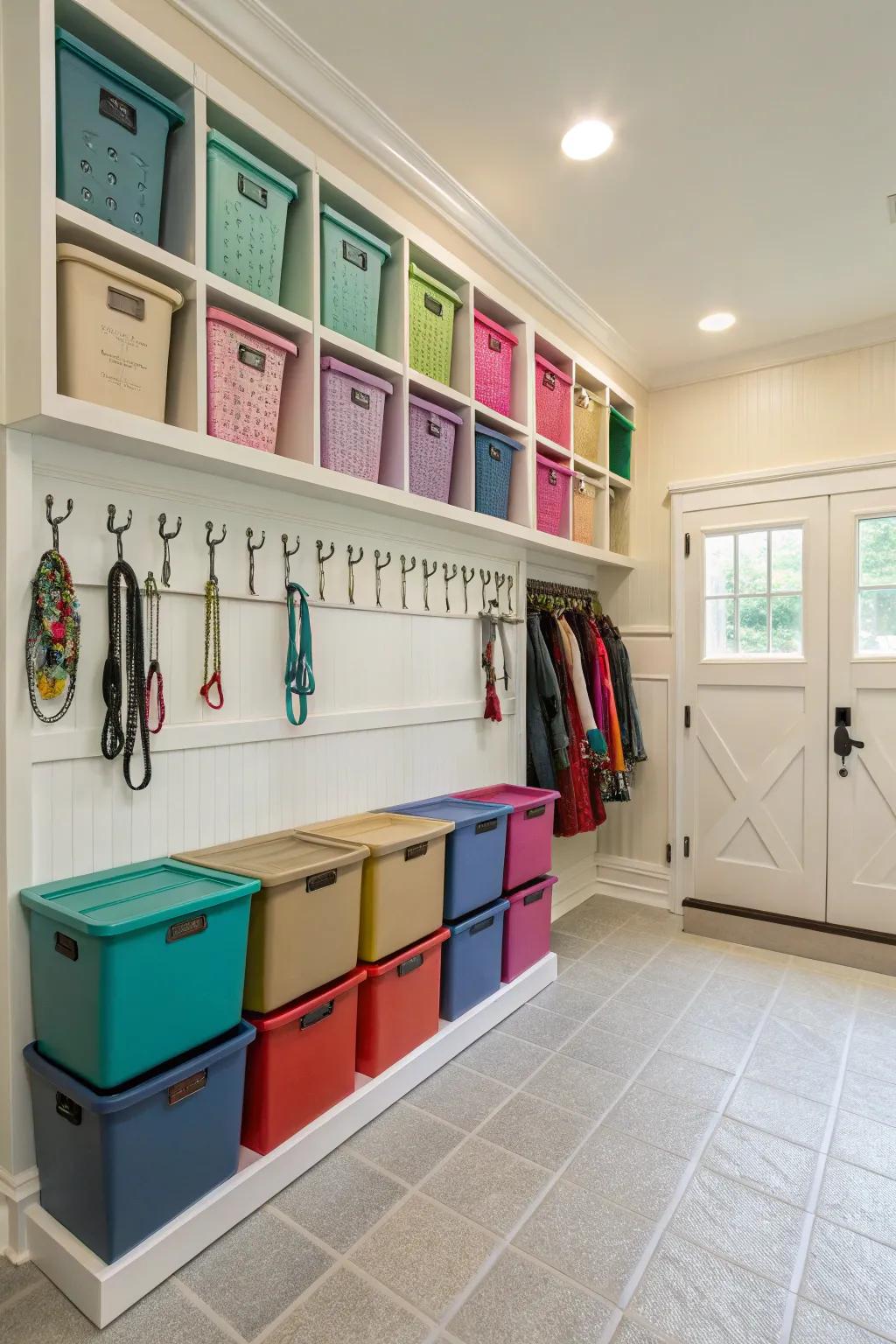 Harmoniously color-matched storage for a tack room with a cohesive appearance.