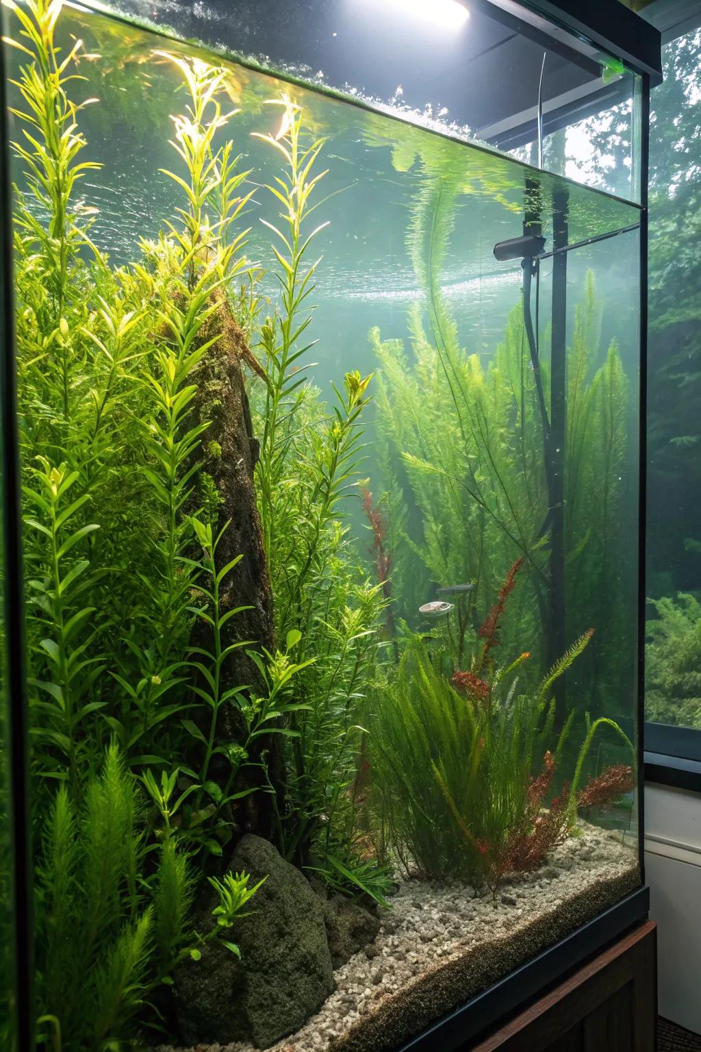 A captivating submerged wilderness inside a towering tank.