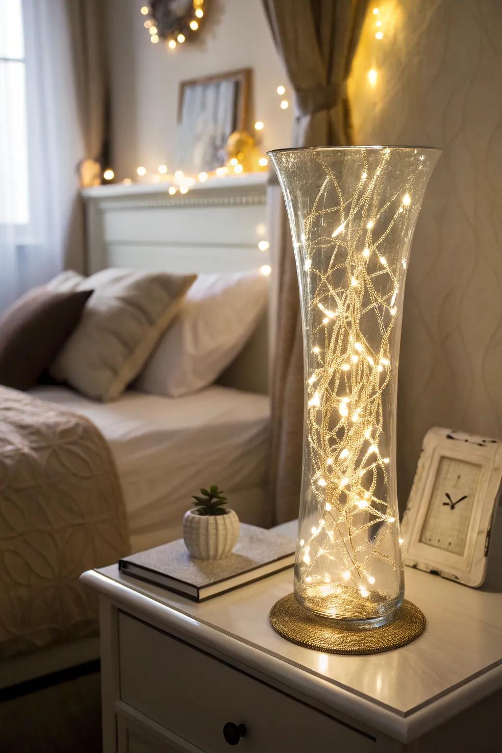 An elevated glass vase brimming with illuminated strands, projecting a balmy radiance within a snug bedchamber environment.