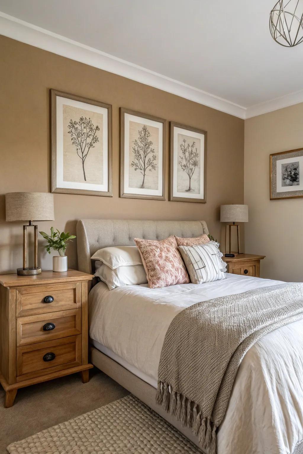 A tan wall infuses elegance and profundity into the sleeping space.