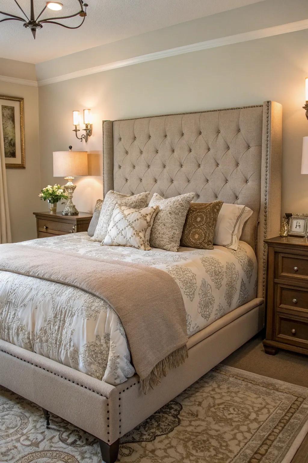 An opulent soft brown padded headboard as the bedroom's focal point.