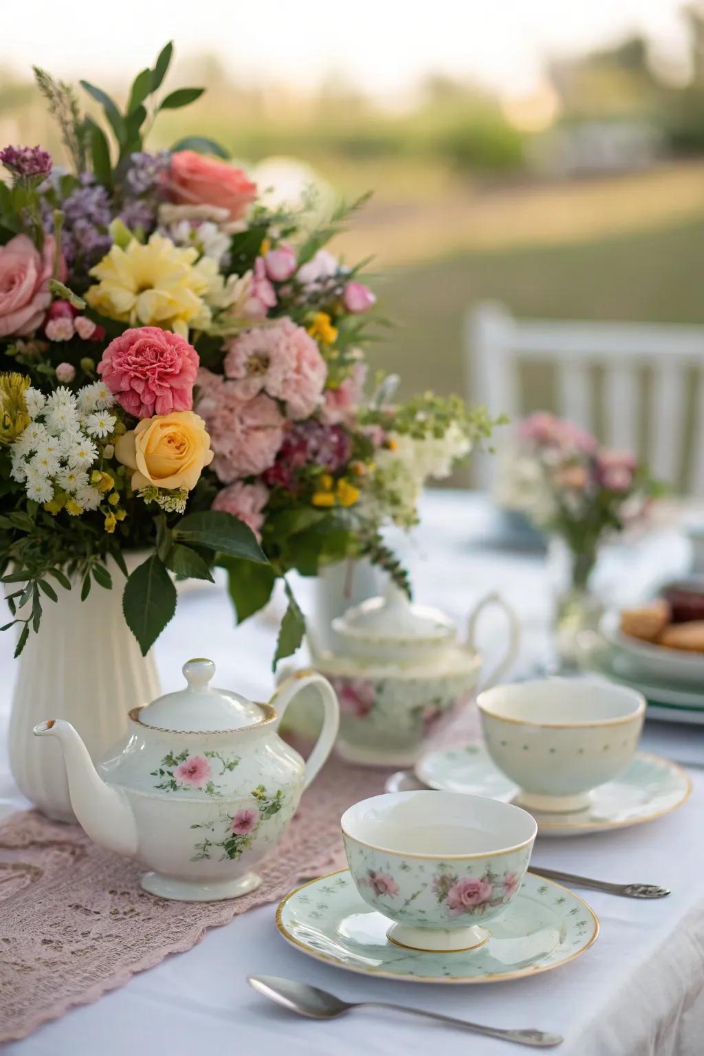 Lush flower decorations bring vibrant color and class to the tea party.