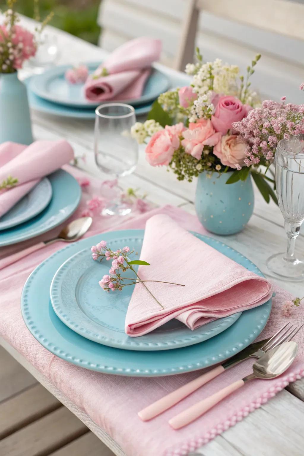 A table arrangement themed with gentle colors and featuring muted blues and pinks.