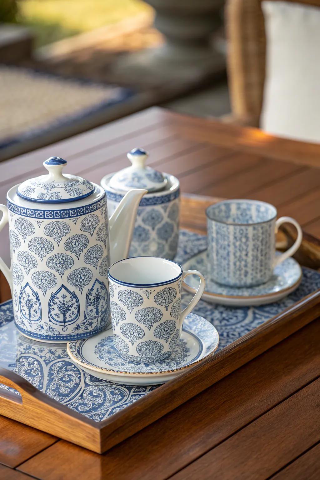 An azure and white tea set radiates cultural elegance.