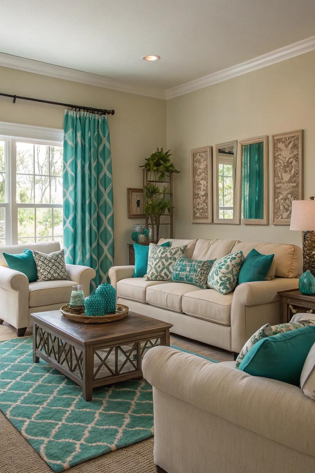 Pale shades ideally enhance the boldness of aquamarine in this tranquil environment.