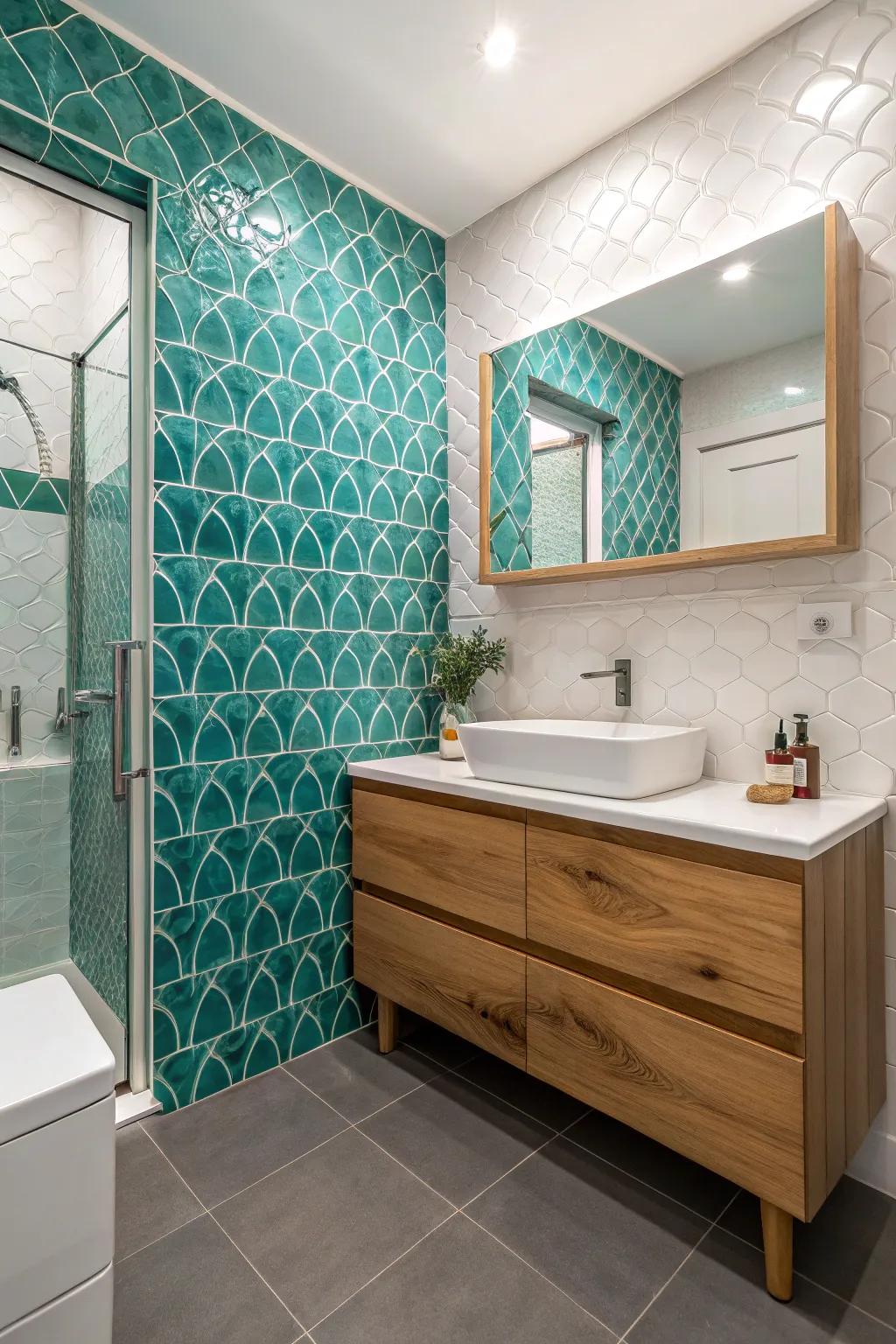 Blending surfaces elevates the aesthetic charm of teal tiling.