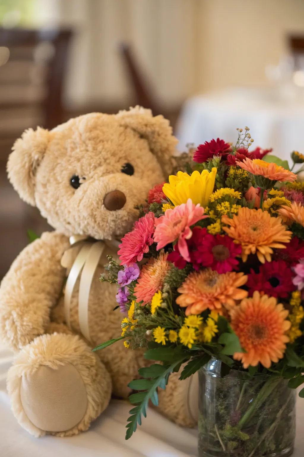 Floral highlights contribute refinement to a cuddly bear centerpiece.