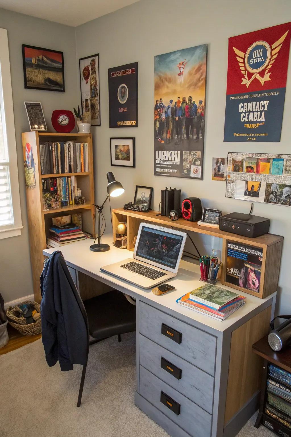 A teen boy's room showcases a tech-ready workstation with incorporated charging options.