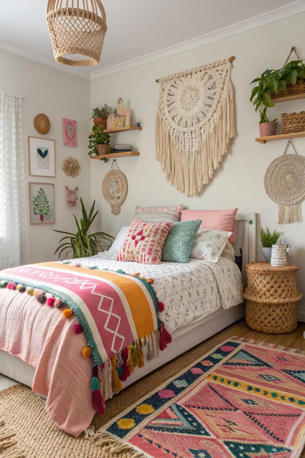 A bohemian-inspired teen girl bedroom with rich textures and unconventional decor.