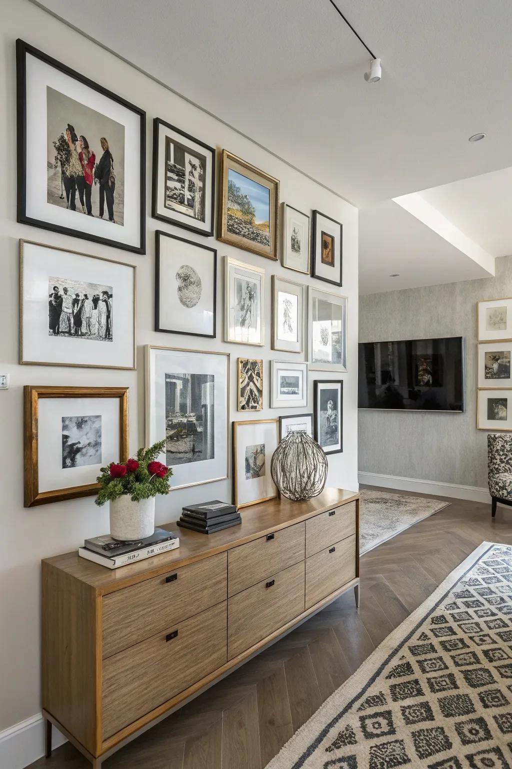 A temporary wall is decorated with a handpicked assortment of artwork and photos.