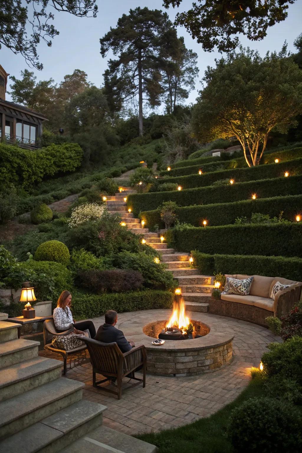 A central fire pit set within a terraced garden, creating a cozy and welcoming ambiance.