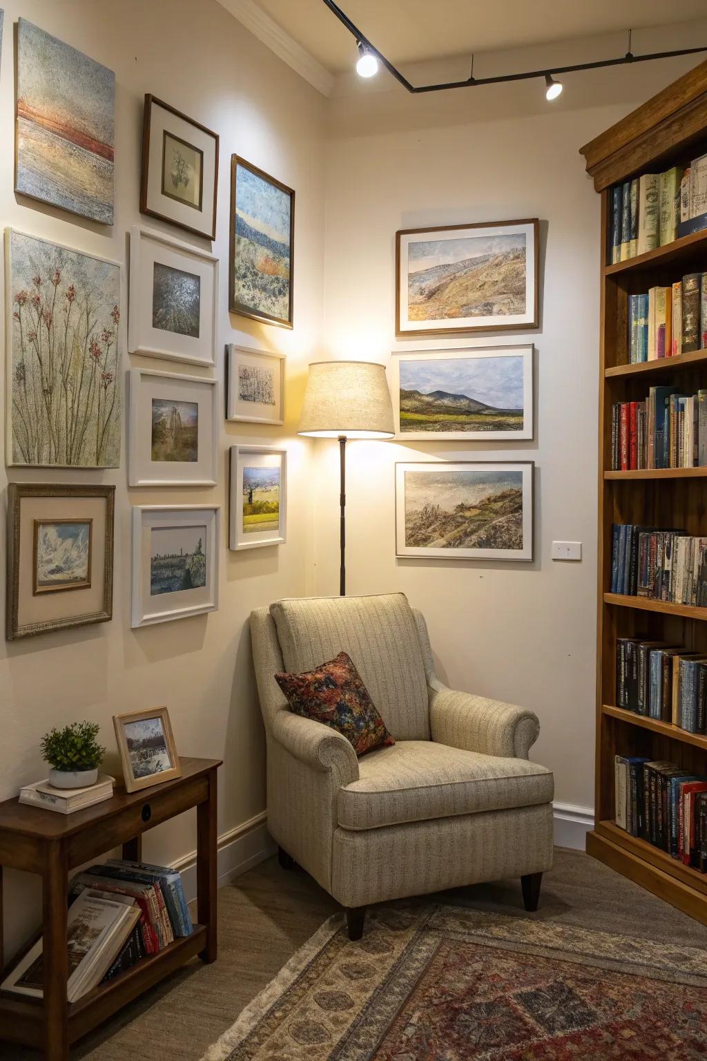 This cozy reading nook is made more appealing and distinctive by mini textured paintings.