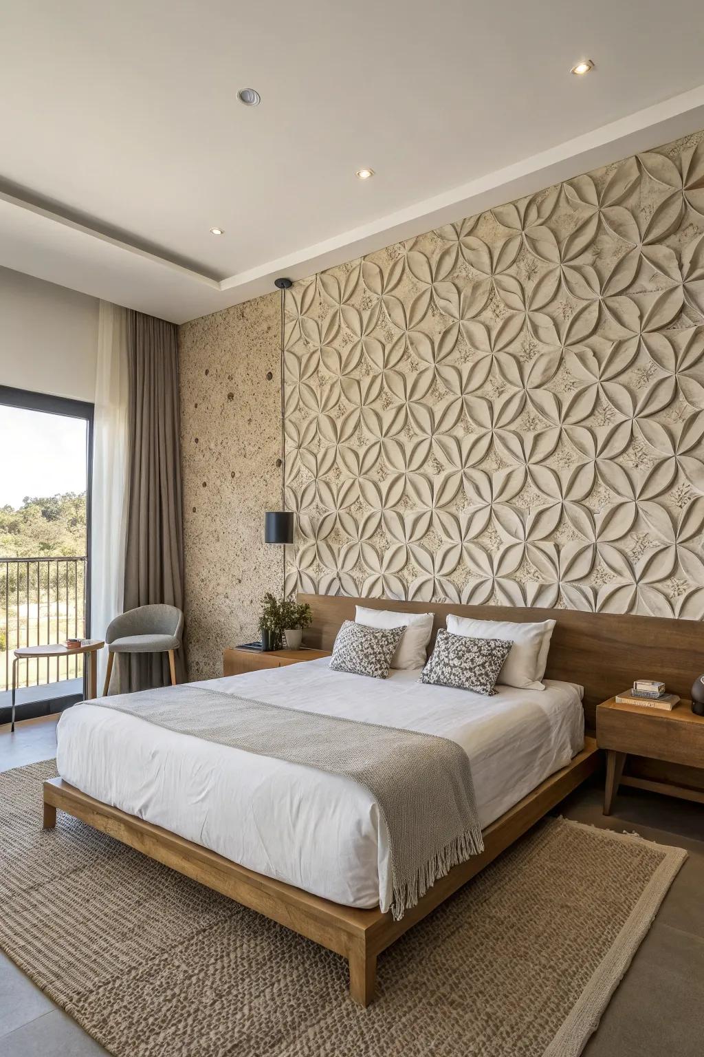 A bedroom enhanced by a bold textured accent wall.
