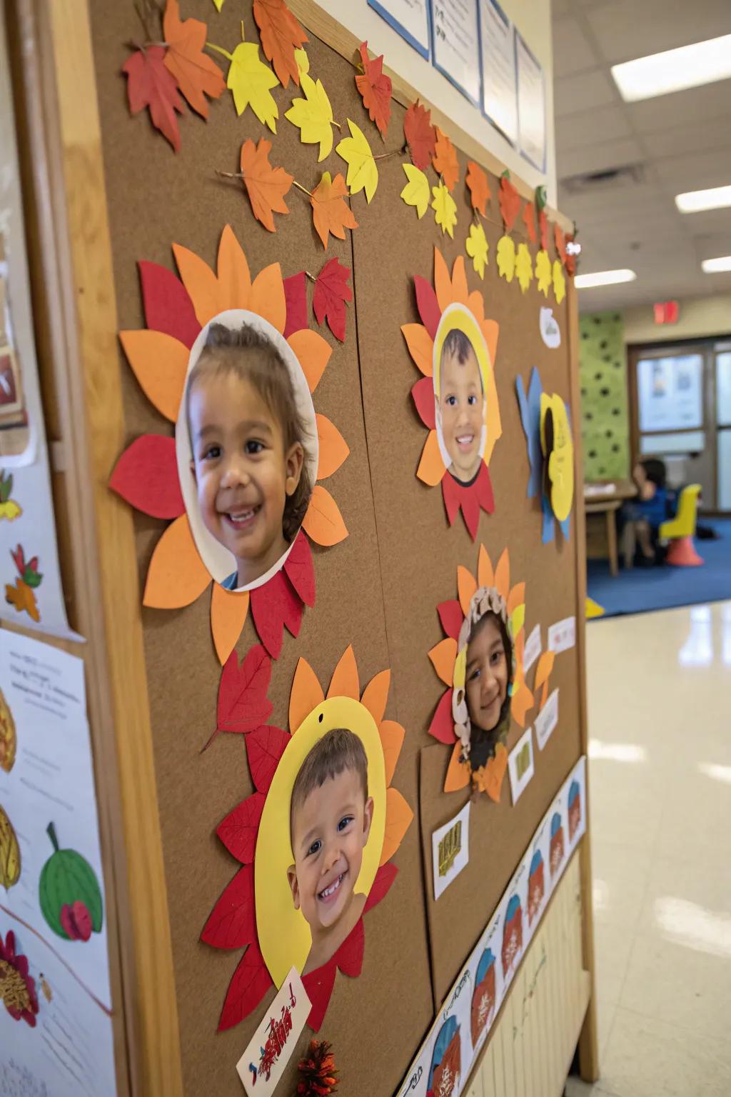 An amusing Turkey Portrait Party display featuring preschoolers' visages.