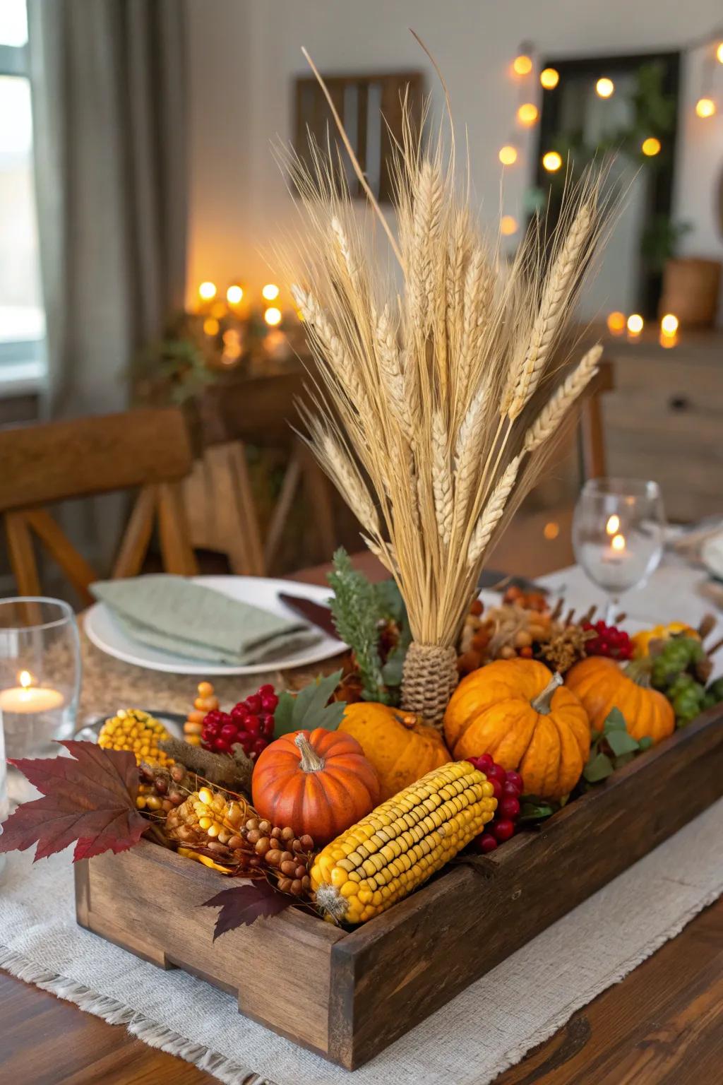 An archetypal harvest motif featuring cured stalks, field maize, and small squashes.