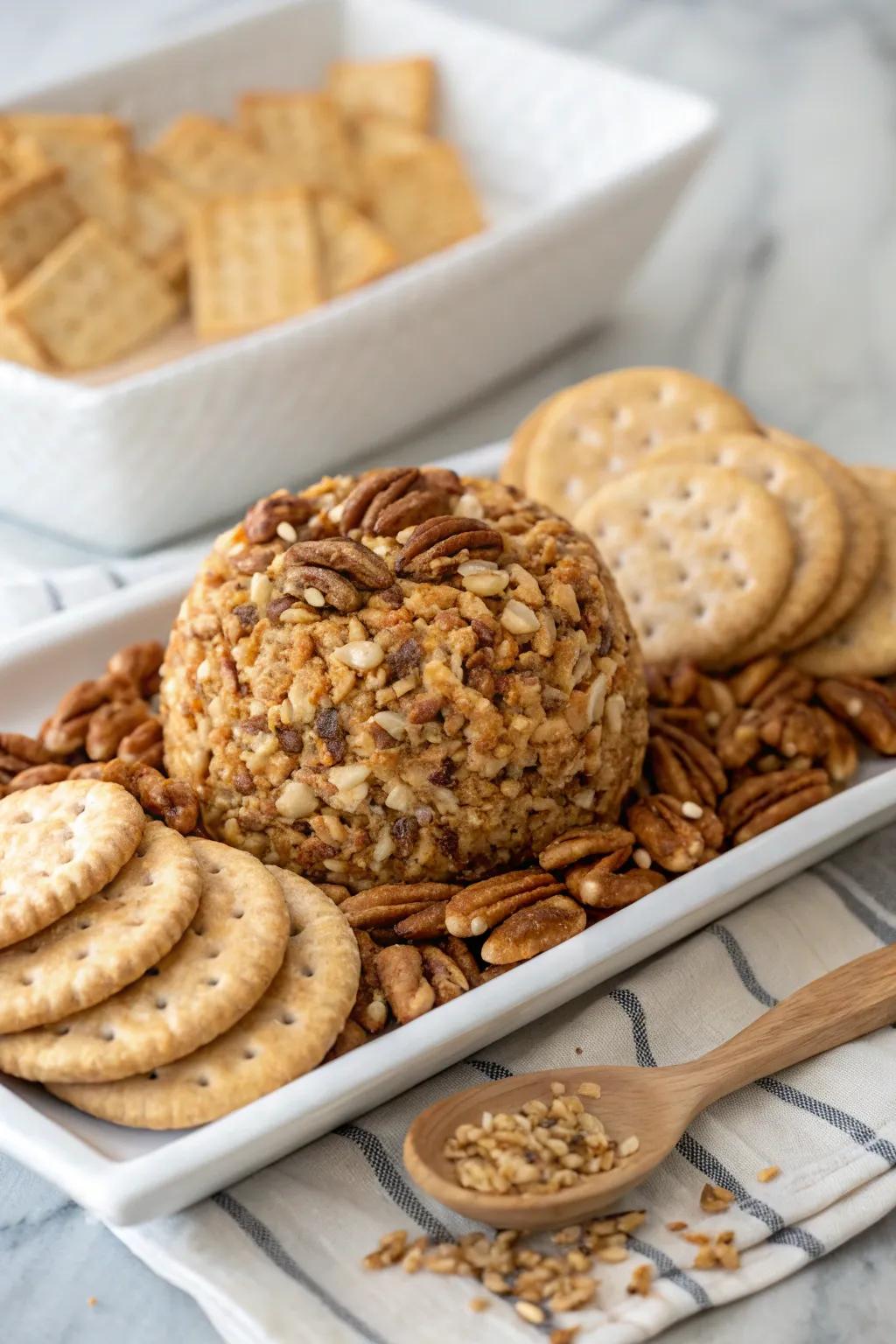 A pecan-encrusted cheese ball, poised and ready to be served.