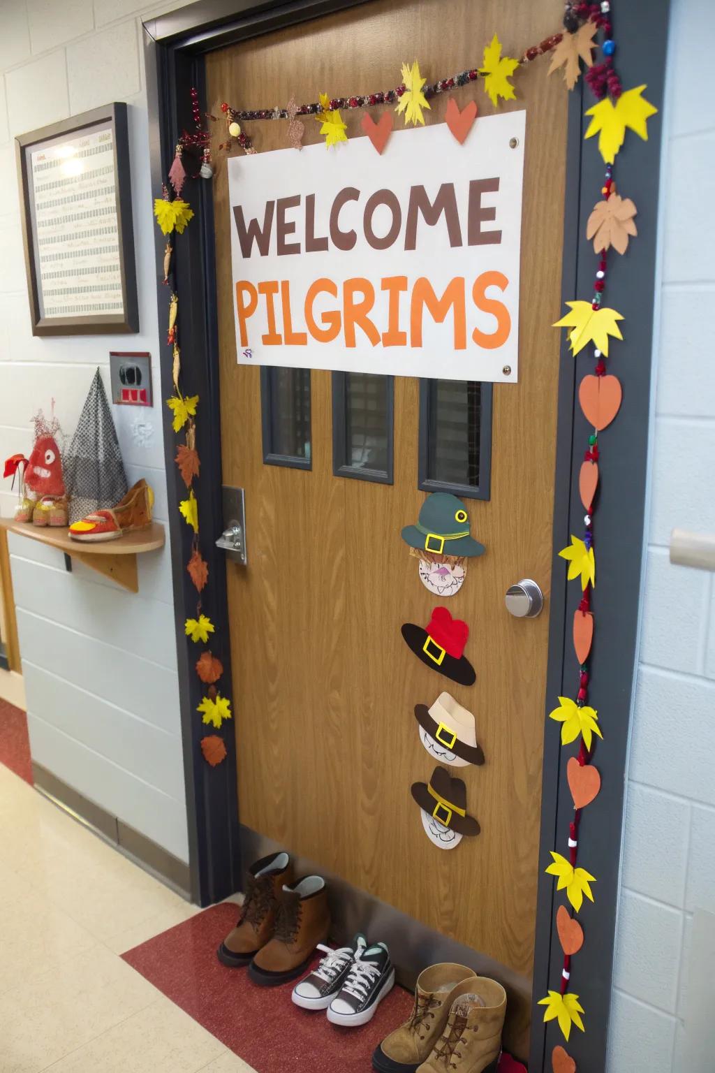 A Pilgrim-centric door that welcomes pupils to a historic Thanksgiving setting.