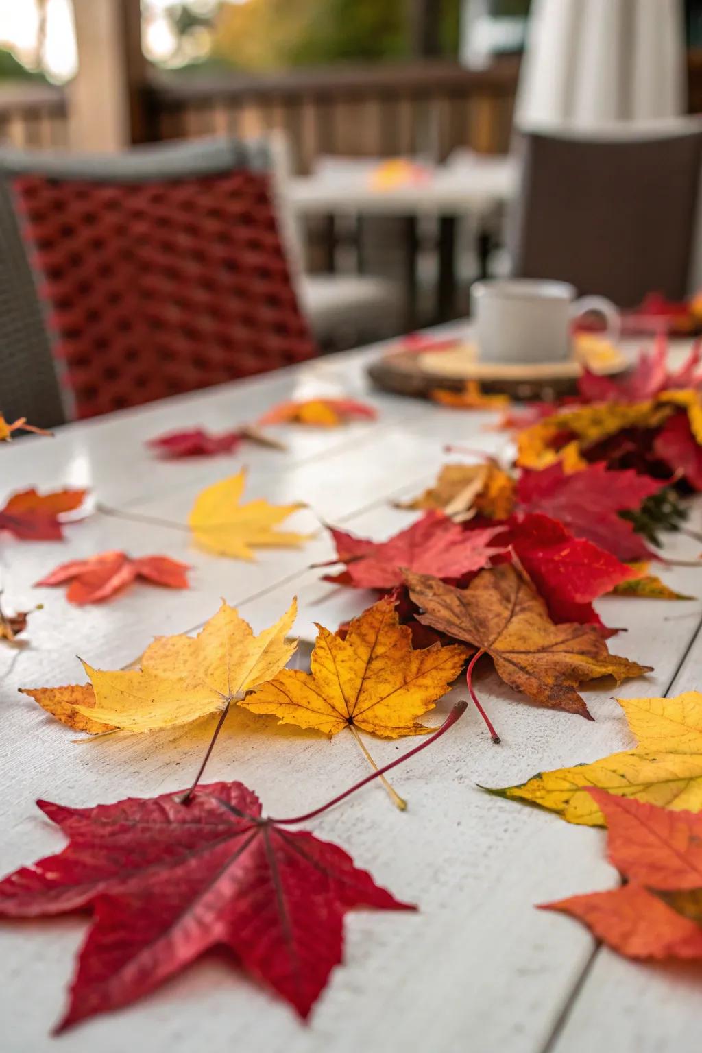 Bright autumn leaves scattered elegantly on a tabletop.