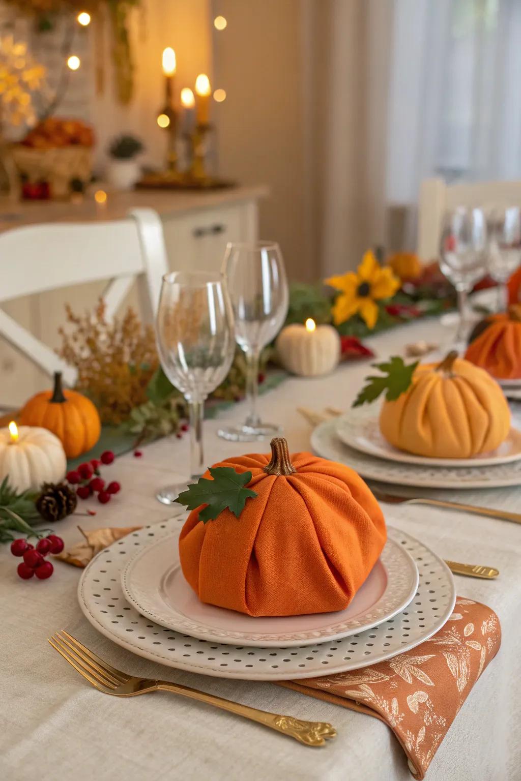 Pumpkin-shaped napkins present a whimsical accent to your holiday table.