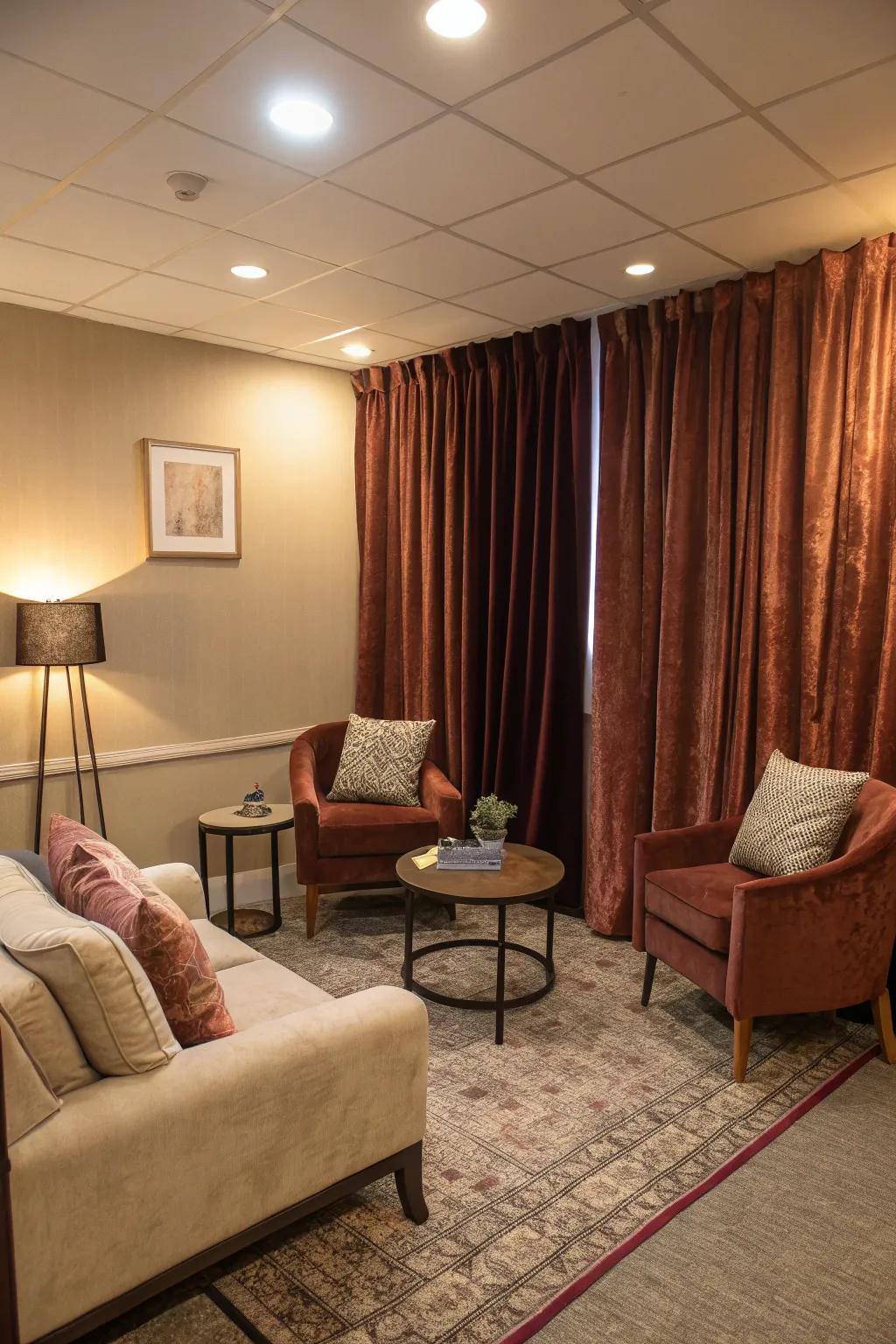 Gentle textiles cultivate a warm, welcoming setting.