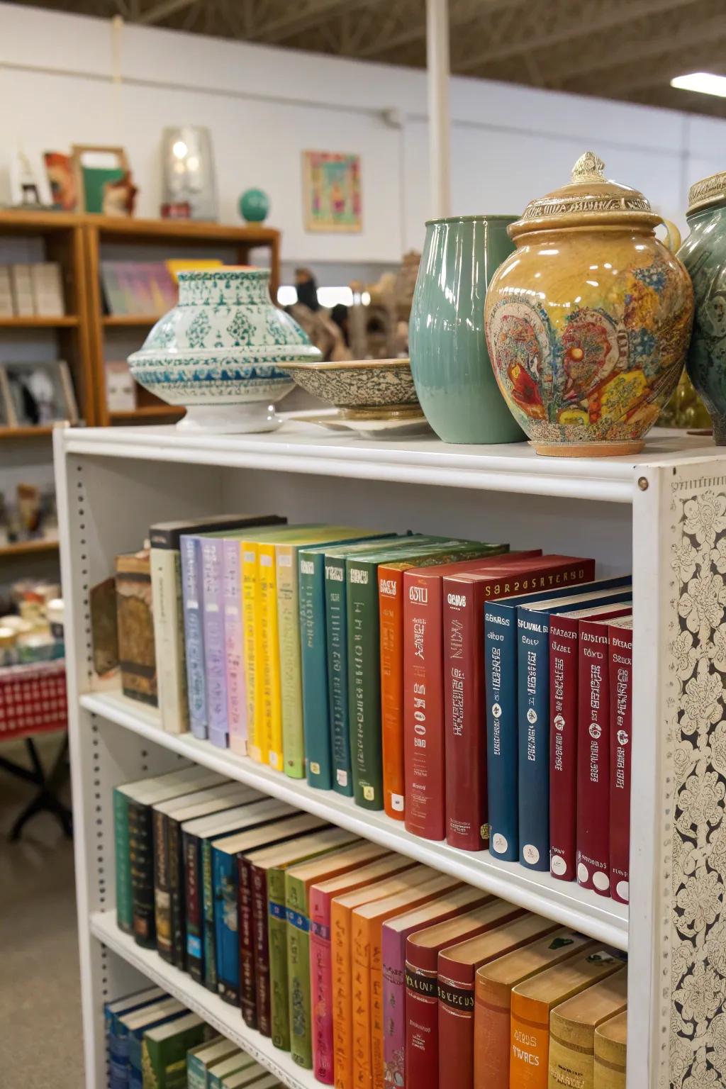 A vibrant shelf presentation boasting books arranged by color.