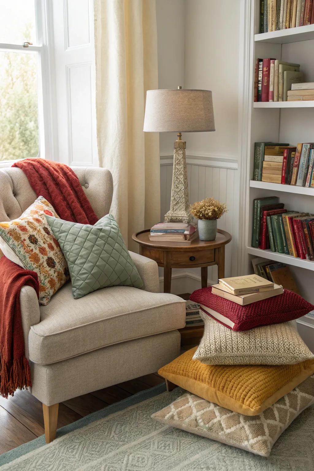 A multi-layered display of cushions crafting an inviting and warm reading space.