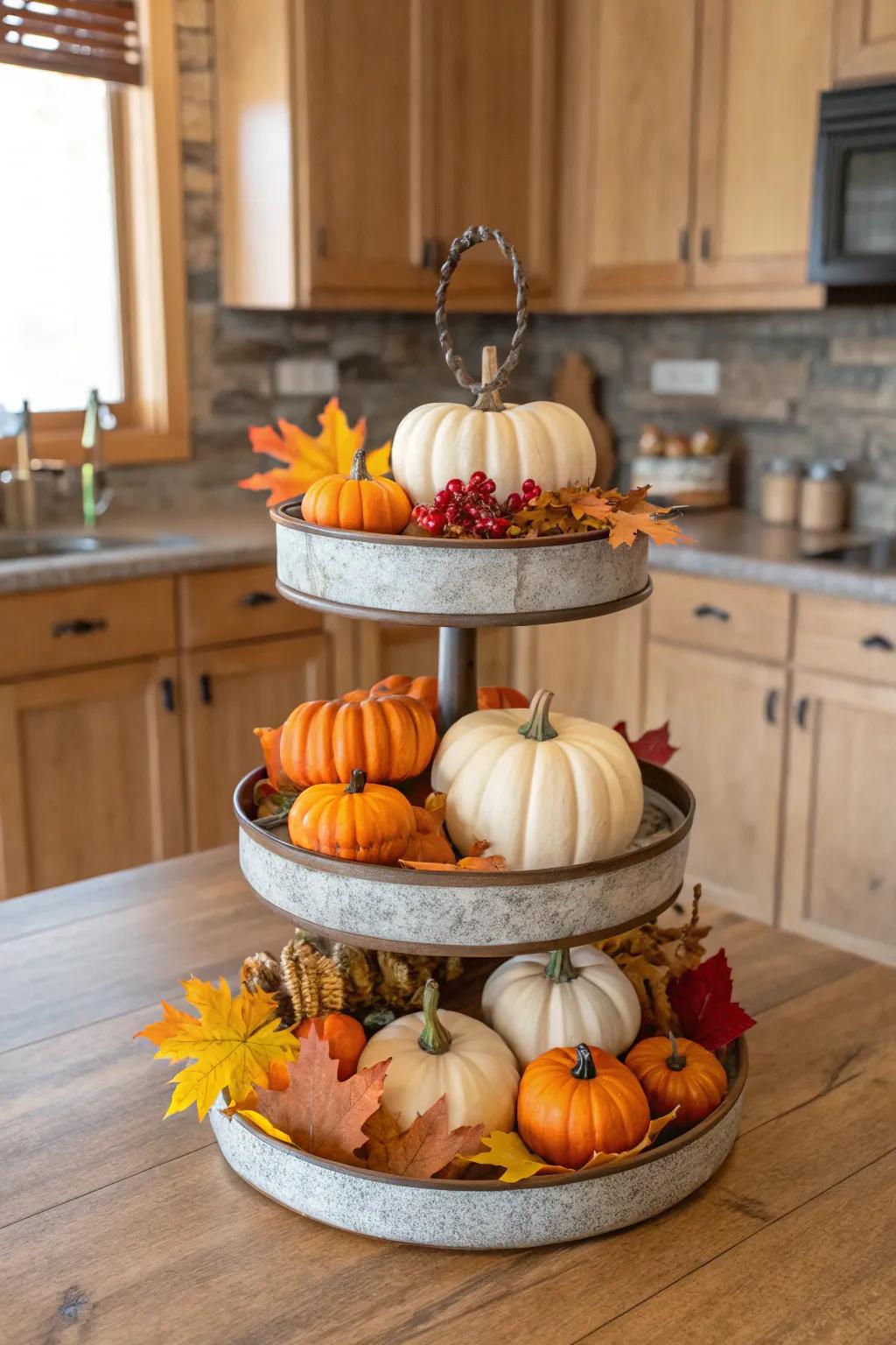 An autumn-inspired tiered tray evokes the beauty of harvest time indoors.