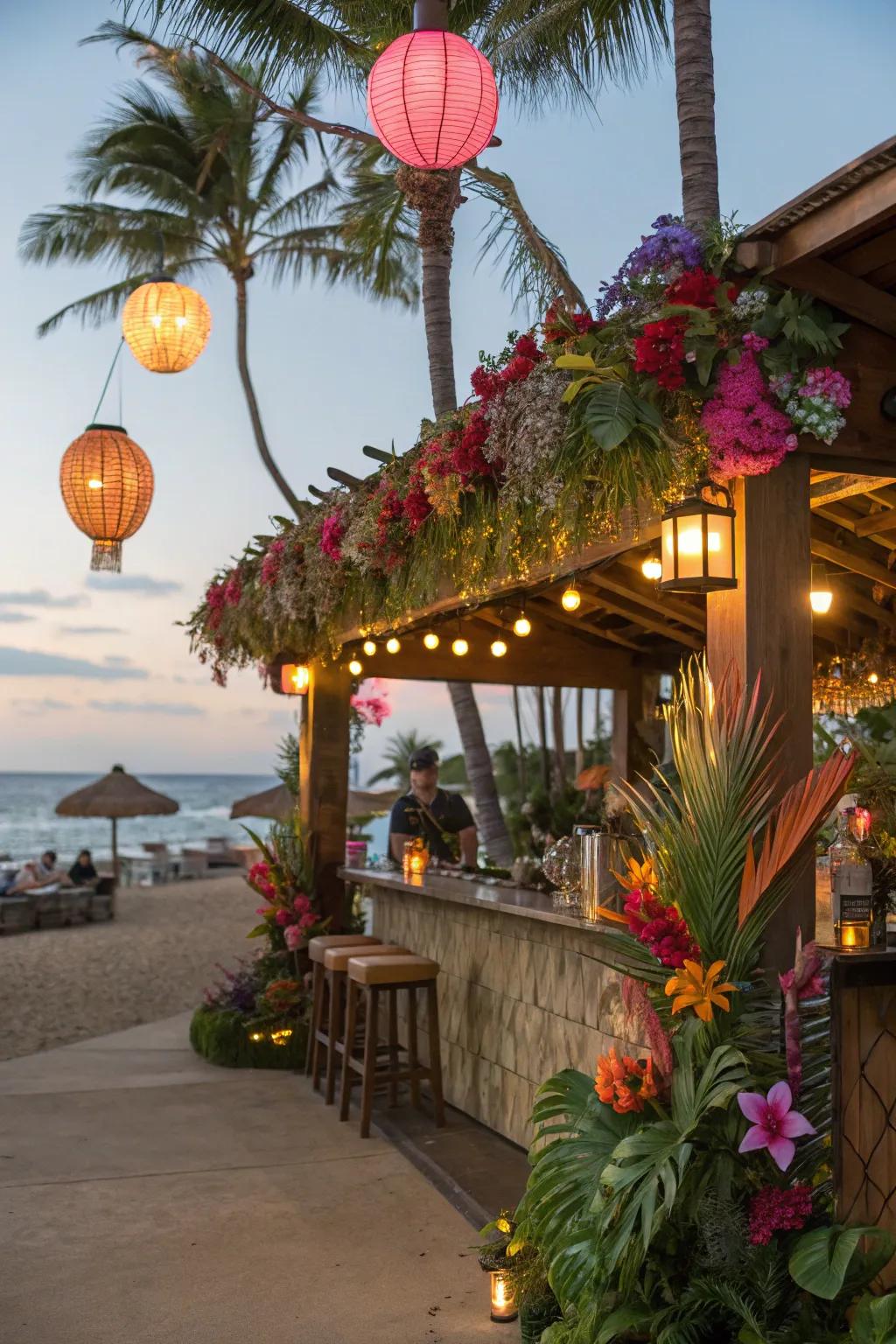 The tiki bar is brought to life through vibrant decorations.