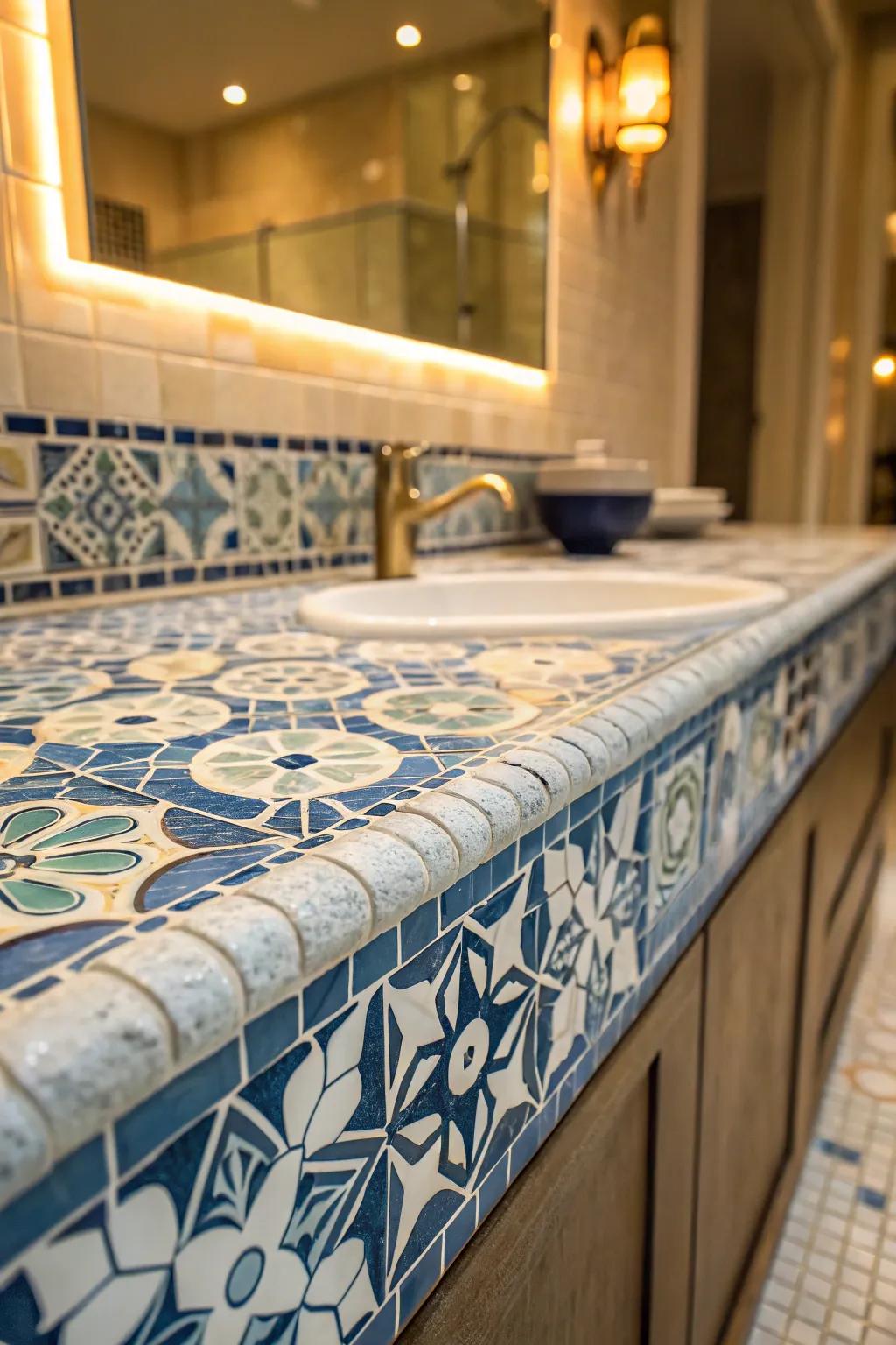 Mosaic tiles form an artistic centerpiece.
