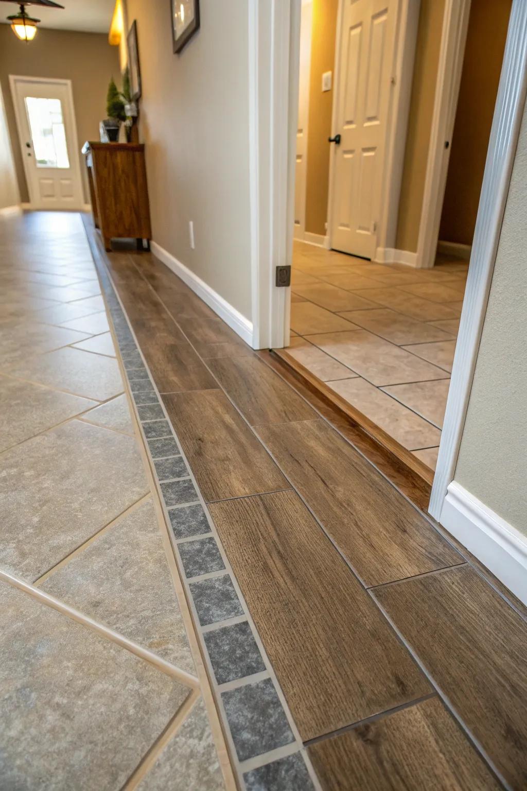 A reducer links a ceramic floor with a higher laminate floor.