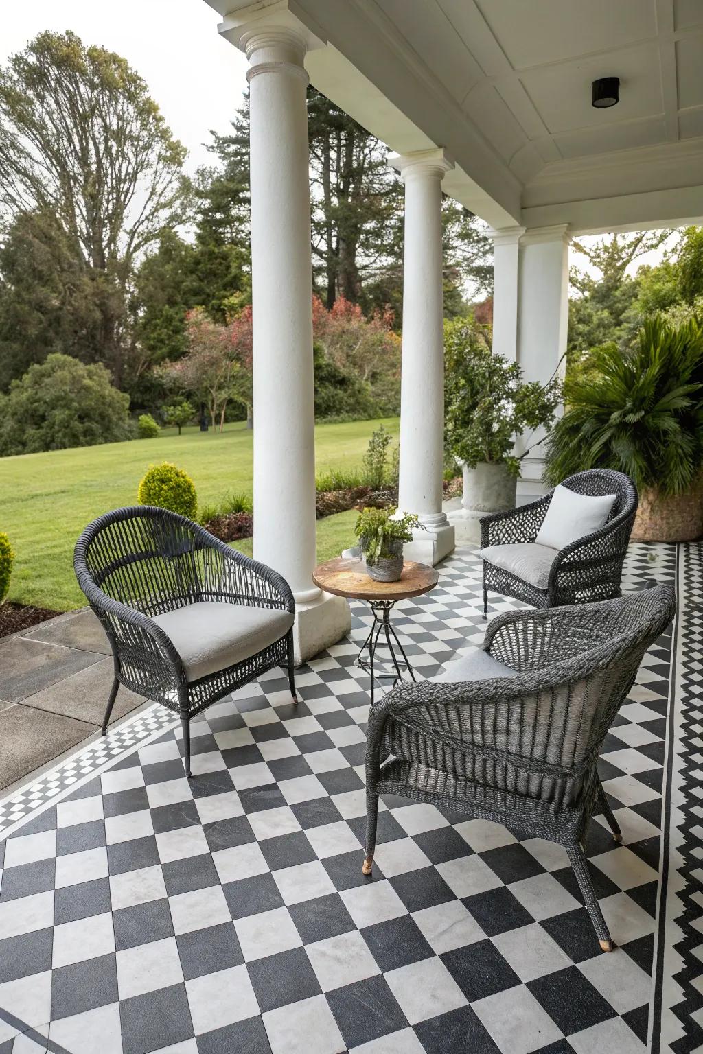 The dramatic contrast of a checkerboard pattern makes this porch especially inviting.
