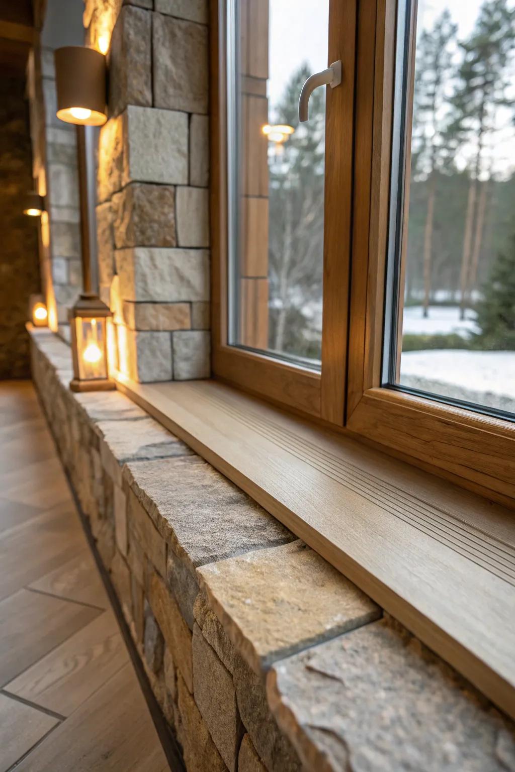 Natural stone tiles radiate luxury and warmth, amplified when paired with wooden accents.