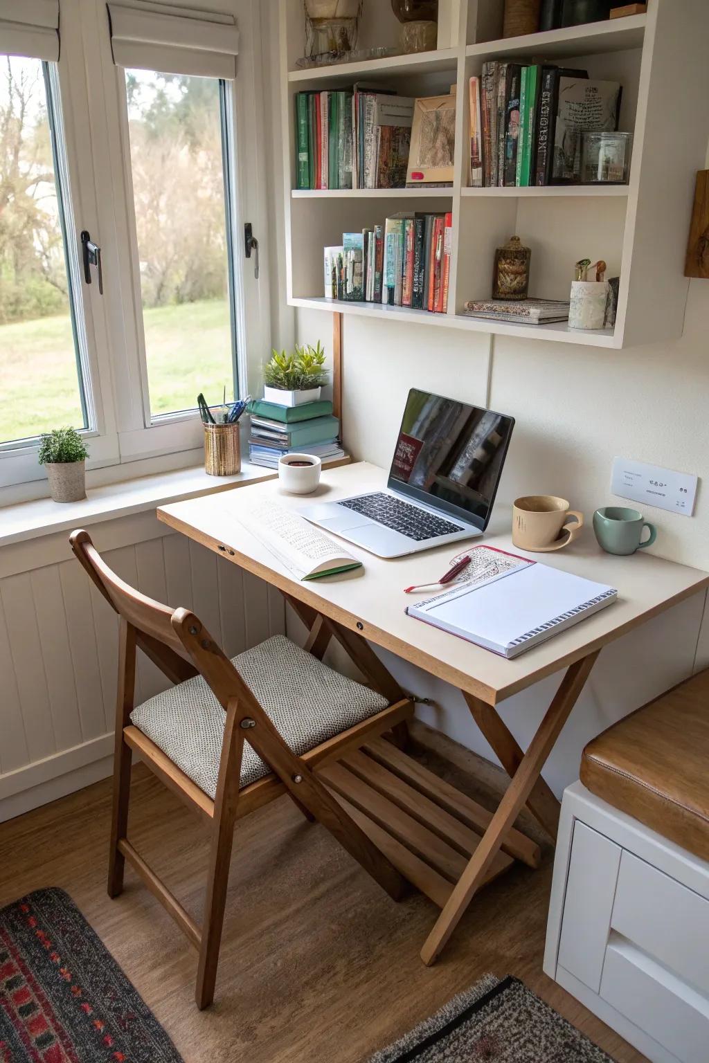A collapsible desk offers versatility in small areas.