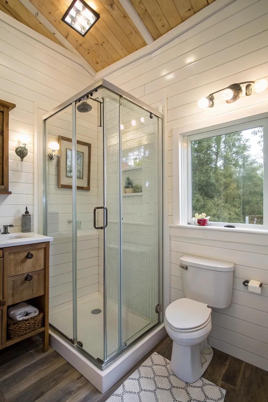 A right-angled shower skillfully optimizes space in this compact bathroom.