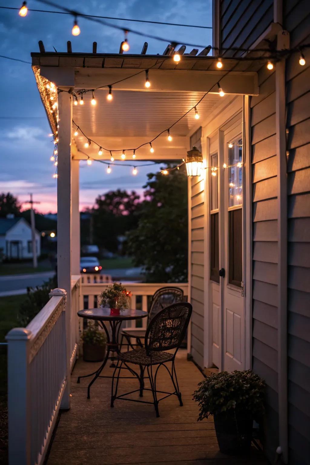 The enchantment of fairy lights on a small porch.