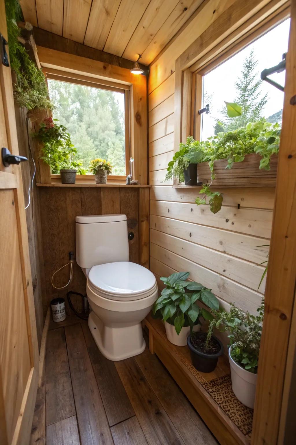 Ecological composting toilet in a tiny bathroom that draws inspiration from nature