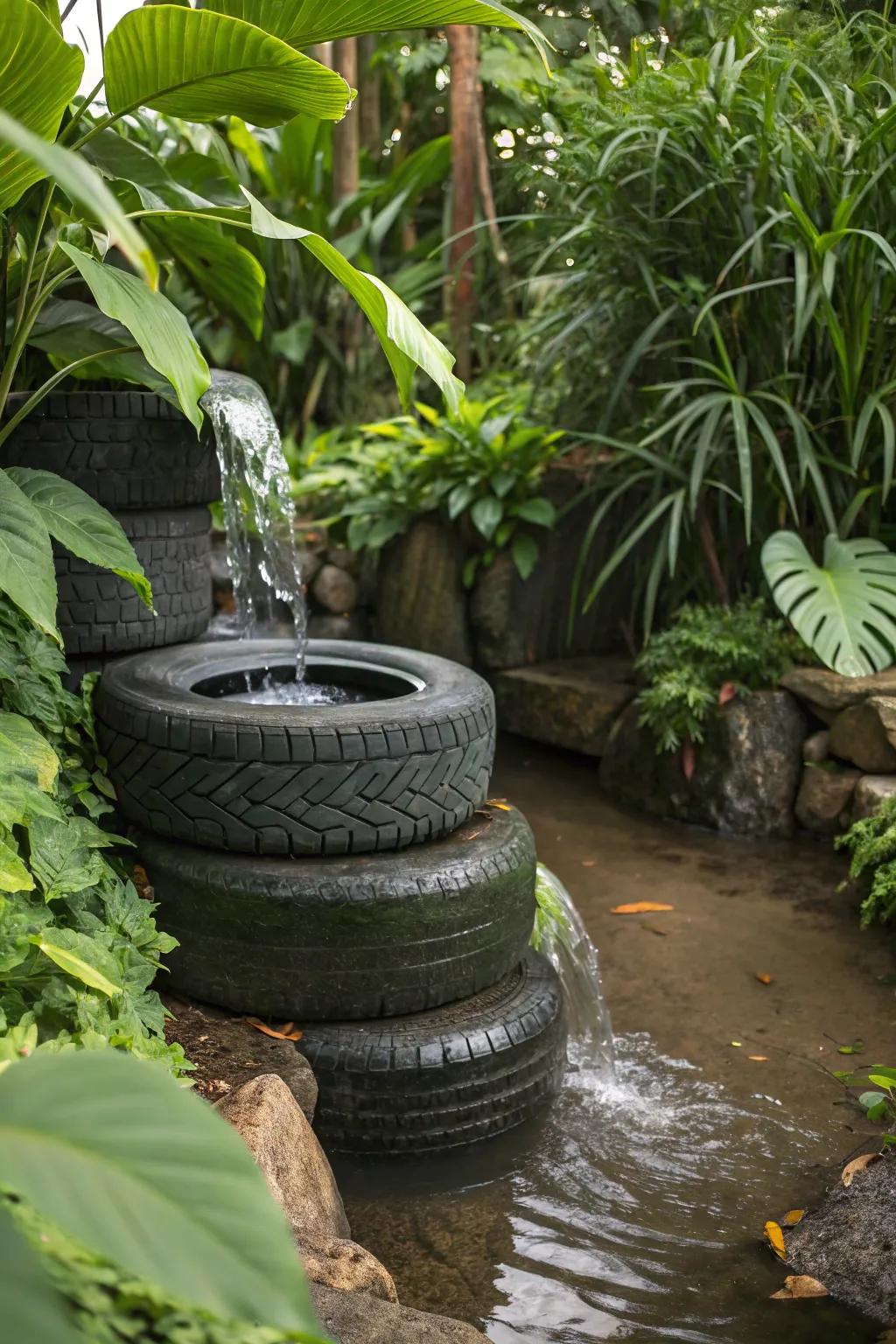 A layered stacked tire pond presenting streaming water.