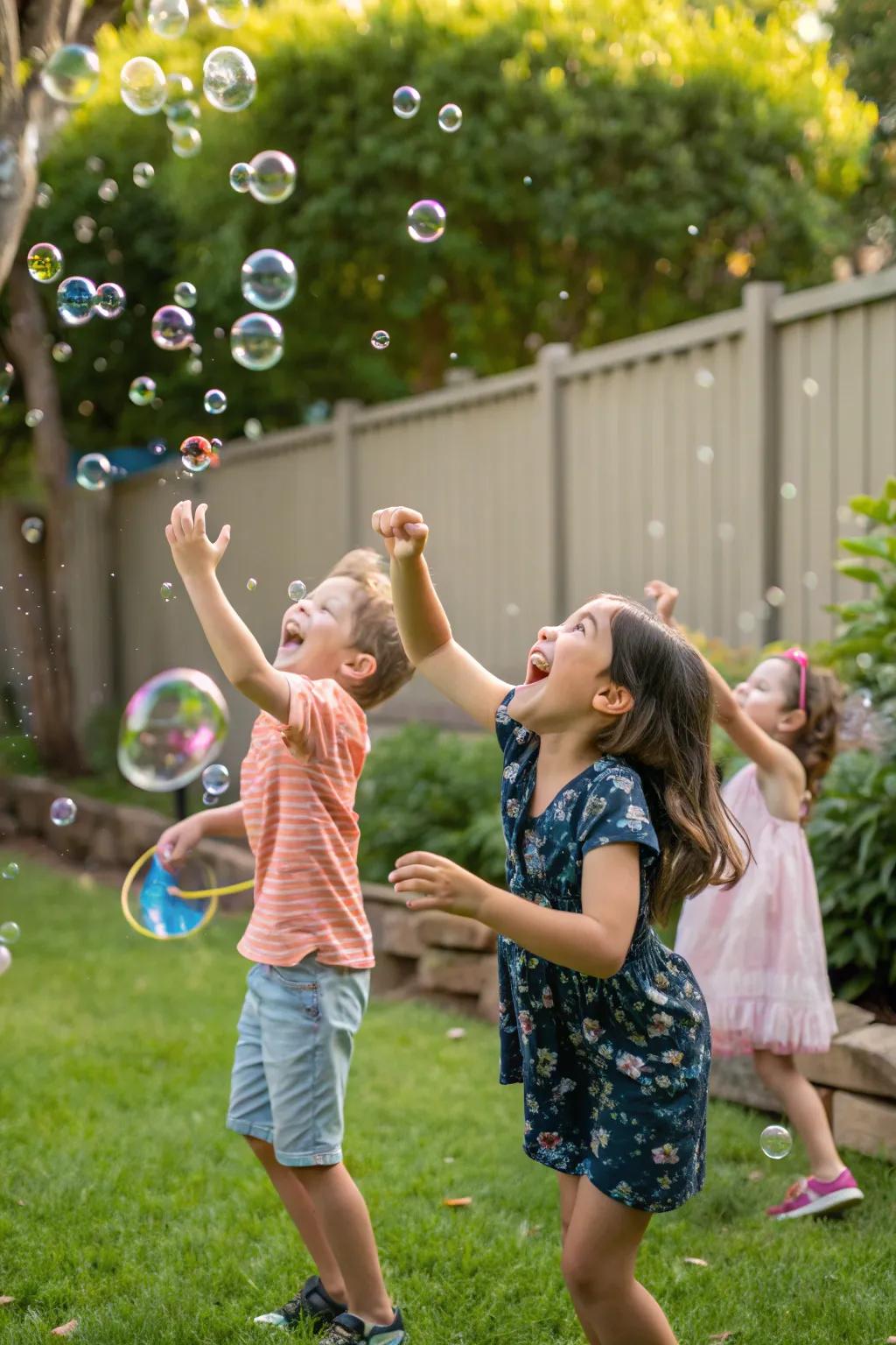 An outdoor bubble party, filling toddlers with smiles and laughter.