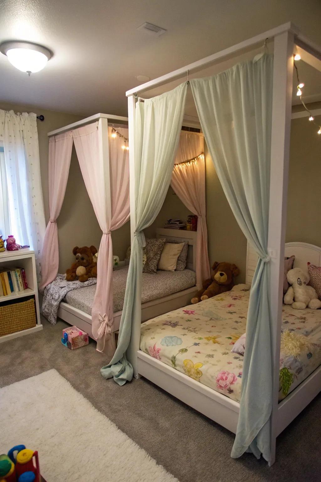 Sophisticated sleep shelters with drapes deliver a whimsical touch for toddlers.
