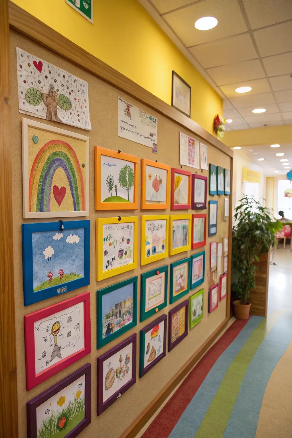 A learning board featuring a mini art gallery showcasing children’s artwork.