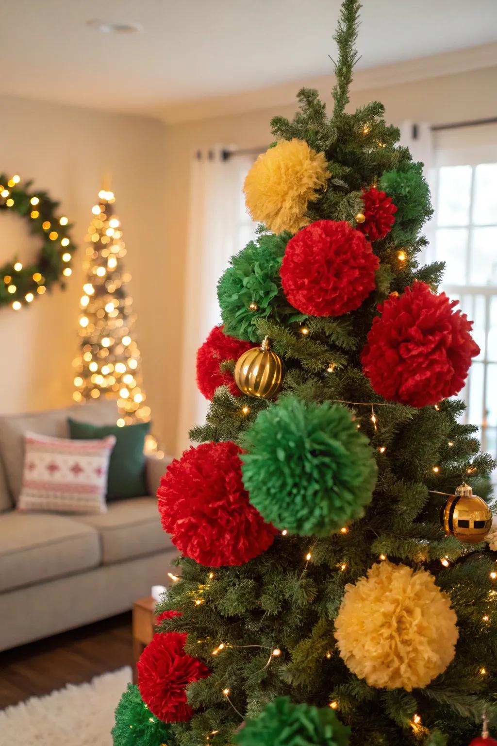 Pom-poms offer a playful and safe way to decorate the tree.