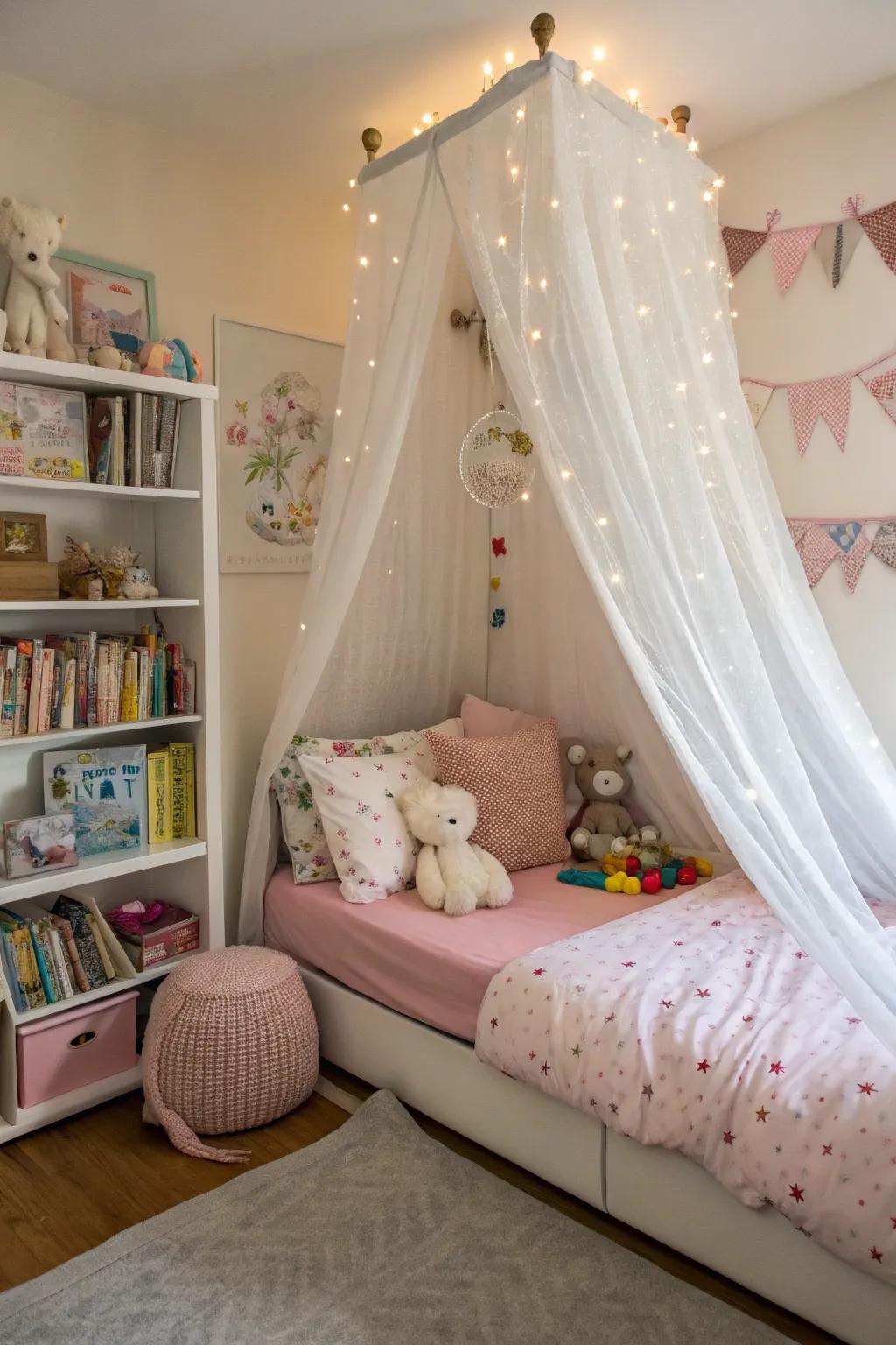An ethereal overhang above the bed crafts a magical haven.